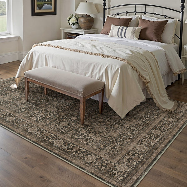 HomeRoots 6' Brown and Beige Floral Medallion Area Rug - Durable, Washable Design for Stylish Home Decor 6' X 9' 696963