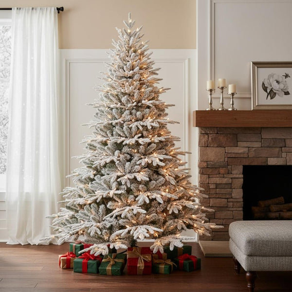 HomeRoots 5' White Pre Lit Full Flocked Fir Christmas Tree – Elegant Snowy Centerpiece for Festive Cheer 72 696974