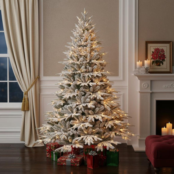 HomeRoots 5' White Pre Lit Full Flocked Fir Christmas Tree – Elegant Snowy Centerpiece for Festive Cheer 90 696976