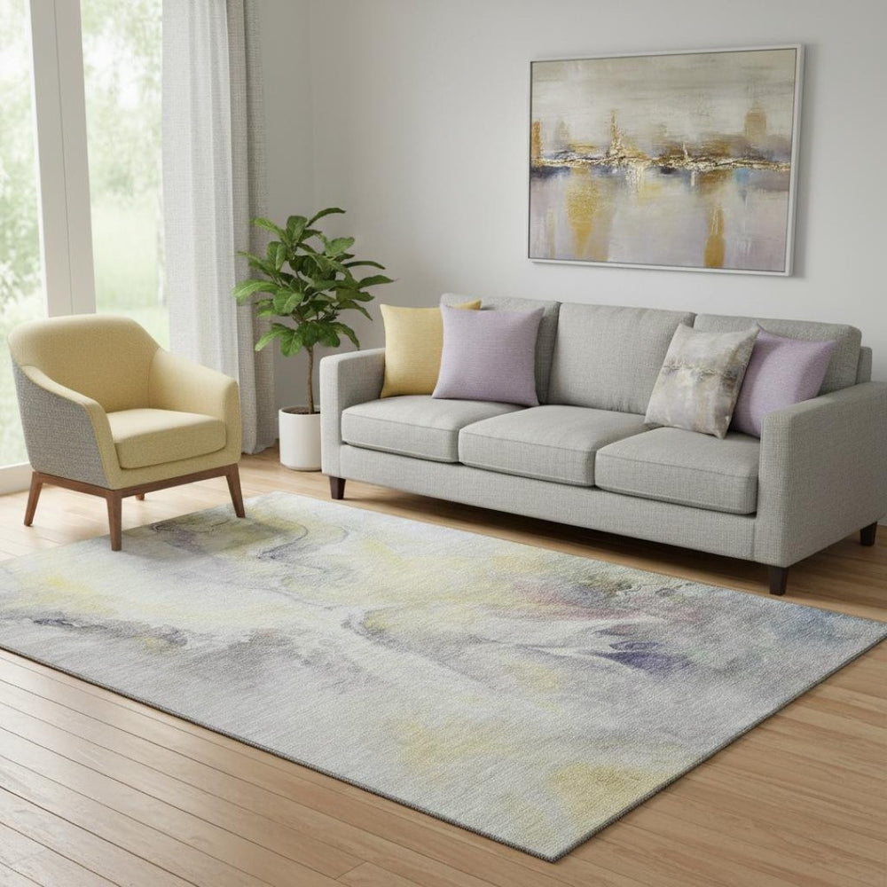 HomeRoots 5' X 8' Gold Gray Silver Abstract Washable Area Rug – Durable, UV-Protected, Modern Design for Any Room 696979