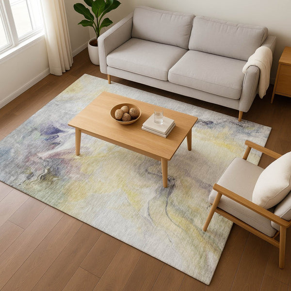 HomeRoots 5' X 8' Gold Gray Silver Abstract Washable Area Rug – Durable, UV-Protected, Modern Design for Any Room 696979