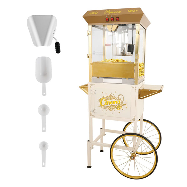 English Elm 16oz Commercial Popcorn Machine with Steel Cart Tempered Glass and 3 Switch Panel Golden White W2841P337589