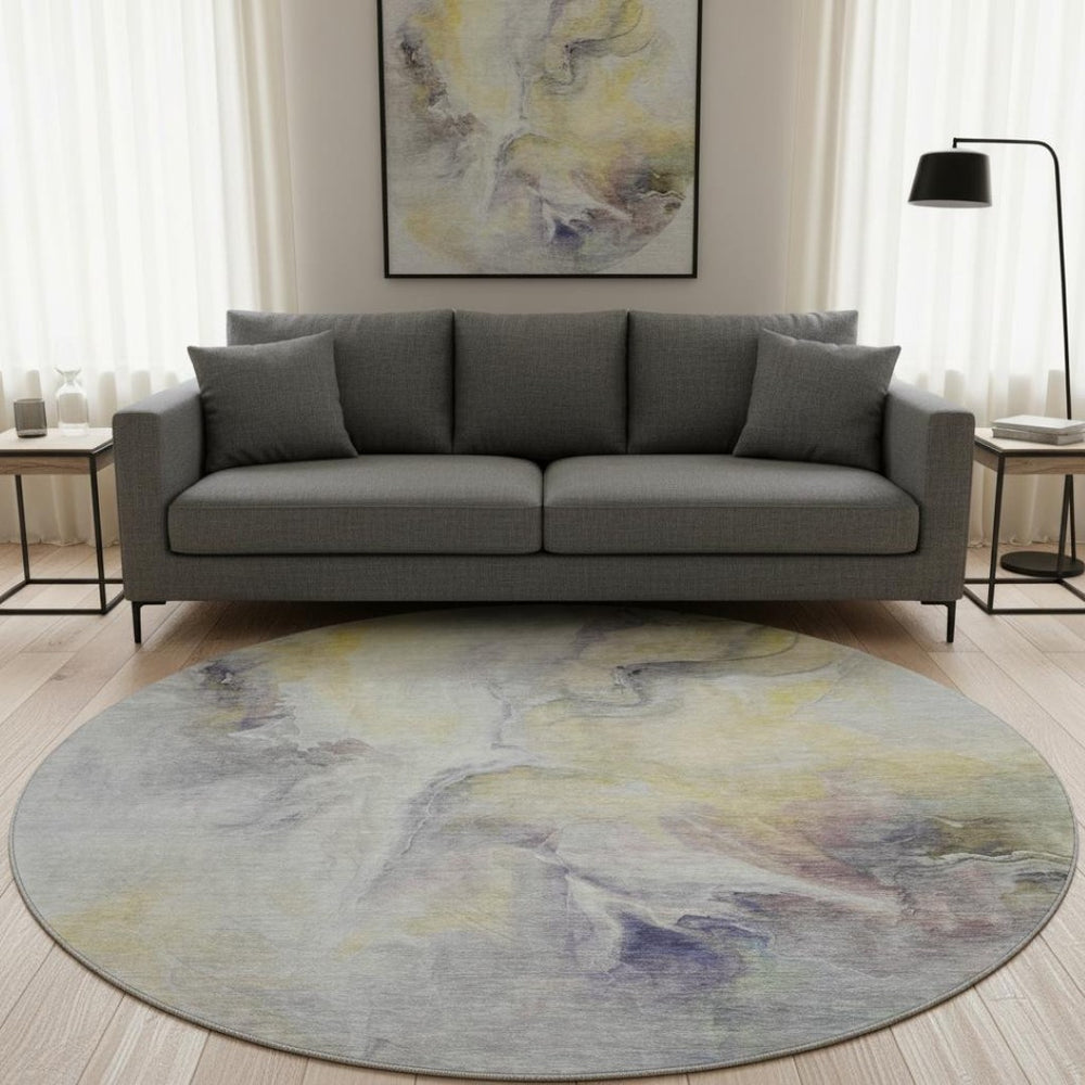 HomeRoots 8' Gold, Gray, and Silver Abstract Washable Round Rug – UV Protected, Stain-Resistant Beauty for Your Home 696980