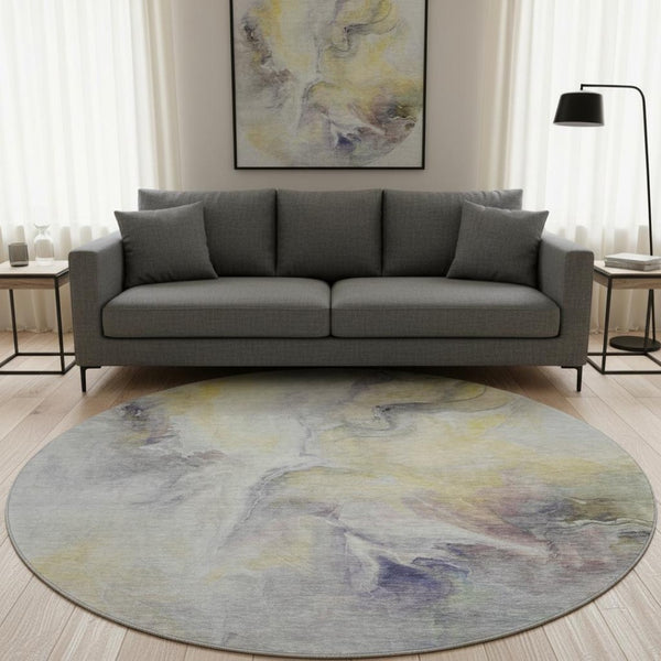 HomeRoots 8' Gold, Gray, and Silver Abstract Washable Round Rug – UV Protected, Stain-Resistant Beauty for Your Home 696980