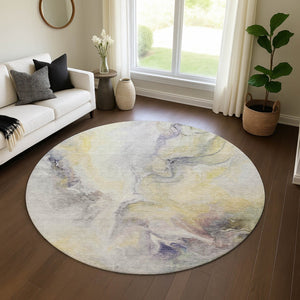 HomeRoots 8' Gold, Gray, and Silver Abstract Washable Round Rug – UV Protected, Stain-Resistant Beauty for Your Home 696980