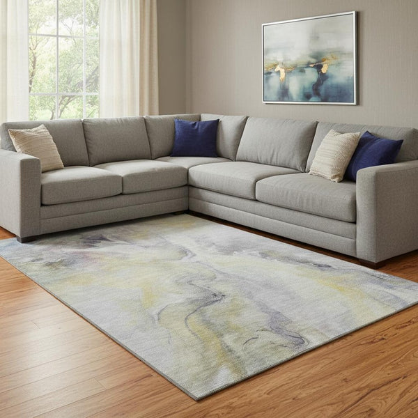 HomeRoots 8' X 10' Gold Gray Silver Abstract Washable Area Rug - UV Protected, Stain Resistant, Family Friendly 696981