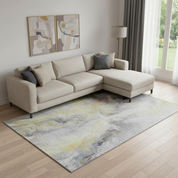 HomeRoots 10' X 14' Stylish Gold Gray Silver Abstract Washable Area Rug - UV Protected & Stain Resistant! 696983