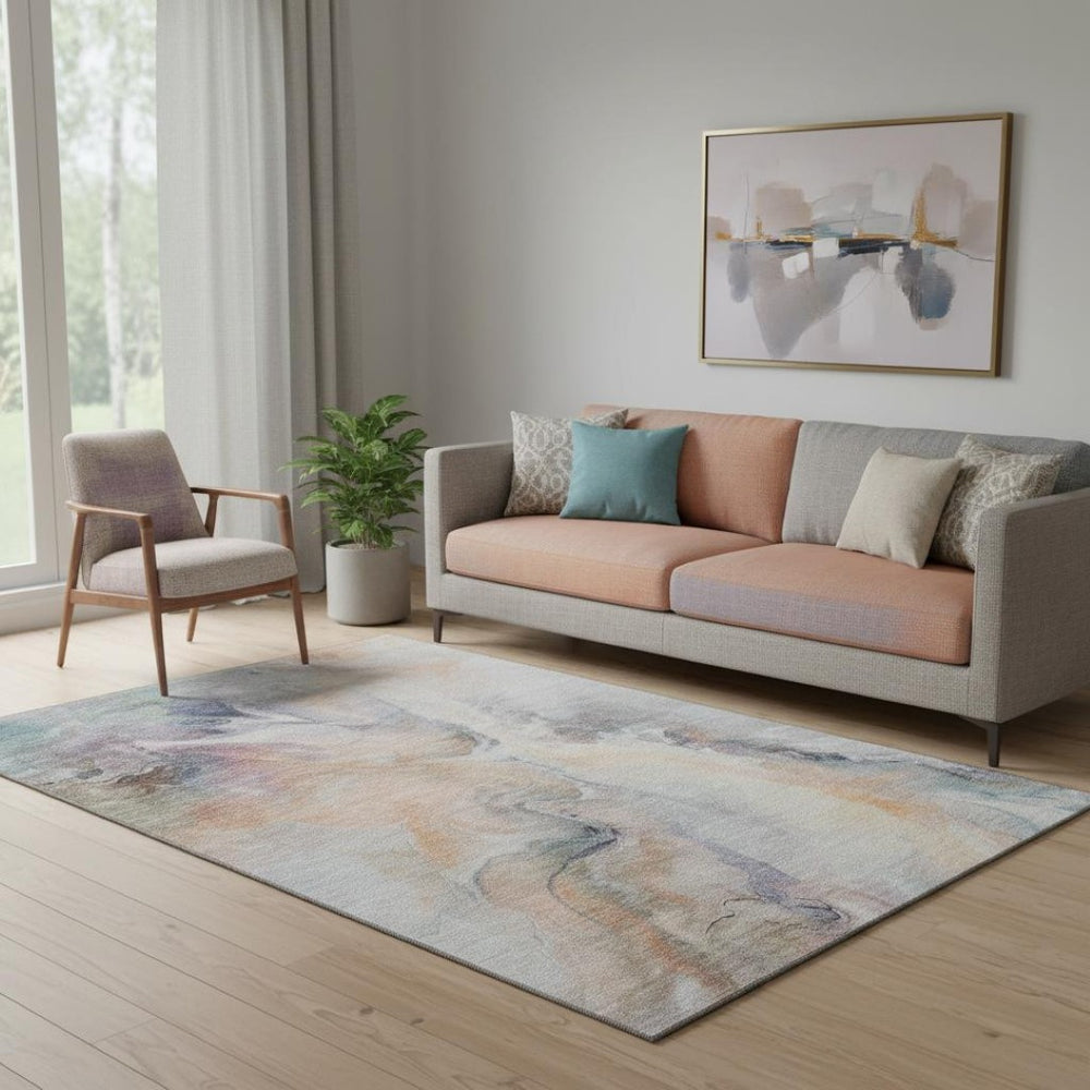 HomeRoots 5' X 8' Linen Peach and Ivory Abstract Area Rug - Washable, UV-Protected, Stain-Resistant Design 696985