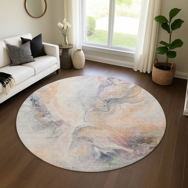 HomeRoots 8' Linen Peach and Ivory Abstract Washable Round Rug - Durable, Stain-Resistant, UV Protected Design 696986