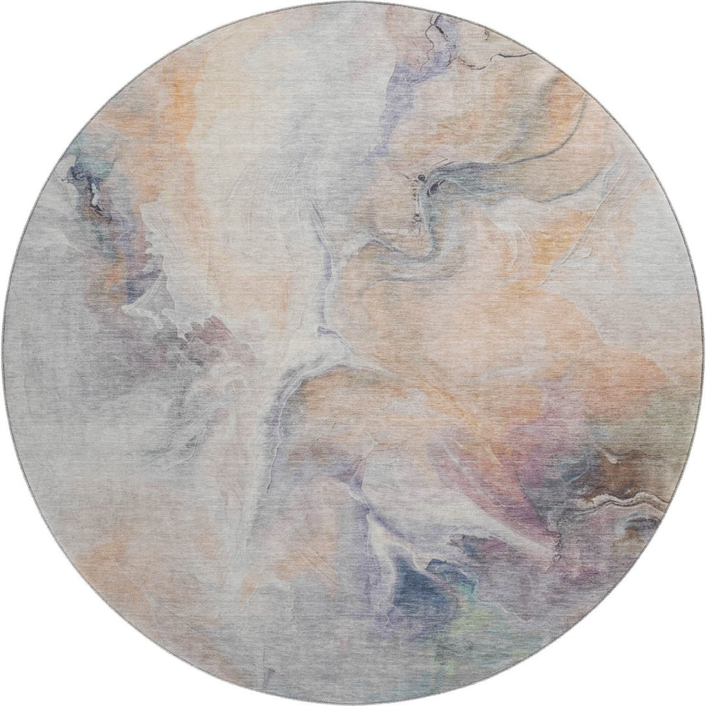 HomeRoots 8' Linen Peach and Ivory Abstract Washable Round Rug - Durable, Stain-Resistant, UV Protected Design 696986