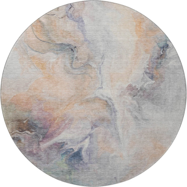 HomeRoots 8' Linen Peach and Ivory Abstract Washable Round Rug - Durable, Stain-Resistant, UV Protected Design 696986
