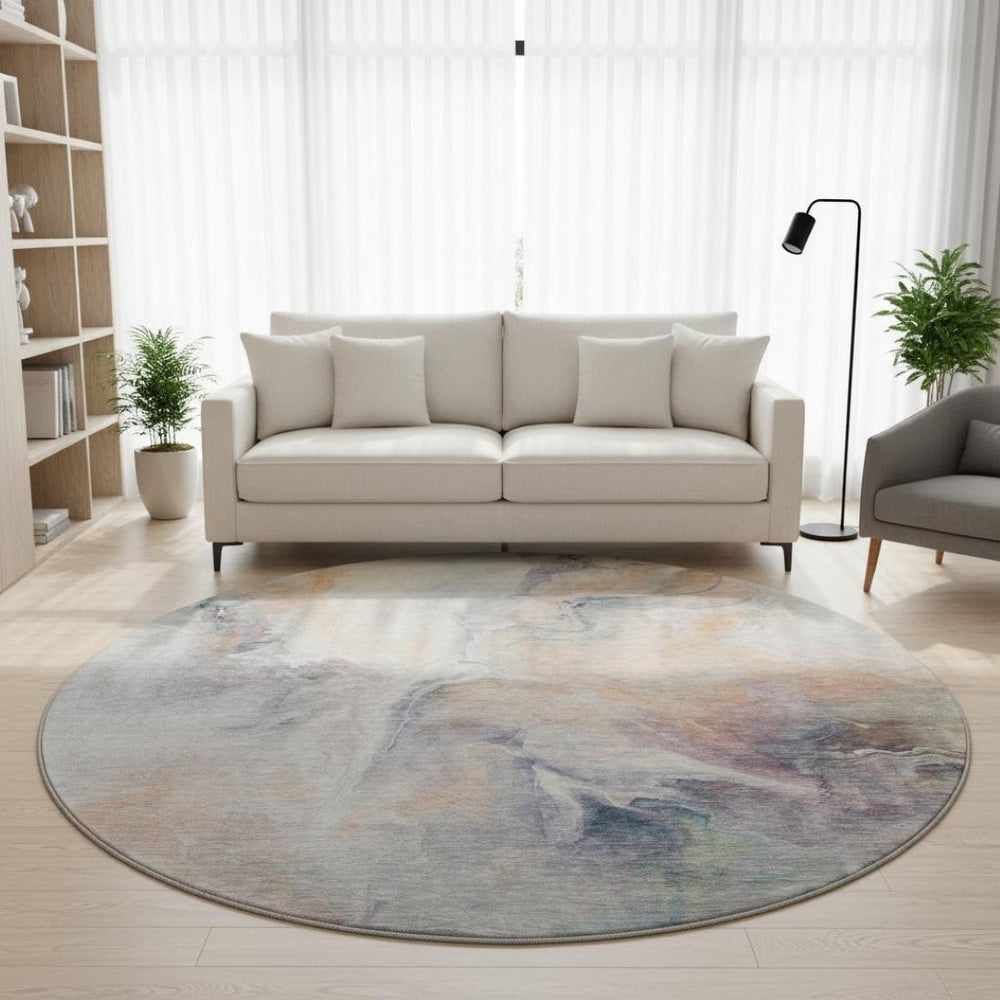 HomeRoots 8' Linen Peach and Ivory Abstract Washable Round Rug - Durable, Stain-Resistant, UV Protected Design 696986