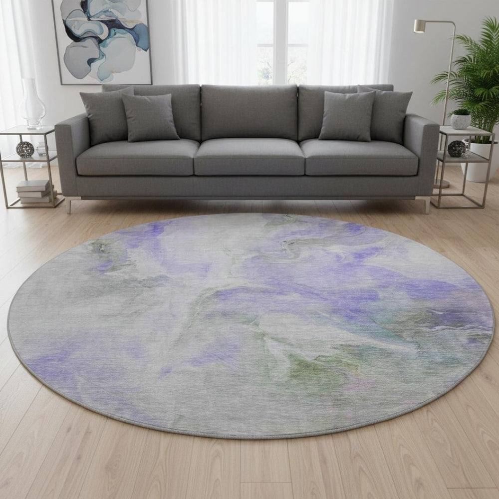 HomeRoots 8' Stylish Lavender Gray & Silver Abstract Washable Round Rug with UV Protection for Any Space 696992