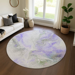 HomeRoots 8' Stylish Lavender Gray & Silver Abstract Washable Round Rug with UV Protection for Any Space 696992