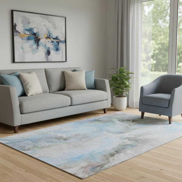 HomeRoots 5' X 8' Sky Blue Gray Silver Abstract Area Rug - Washable, UV Protected, Durable, and Stylish Design 696997