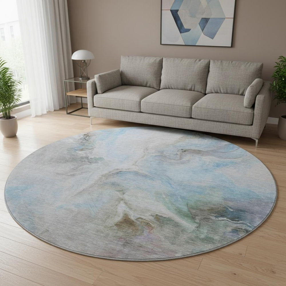 HomeRoots 8' Sky Blue Gray & Silver Abstract Round Rug - Washable, UV Protected, Non-Slip for Modern Homes 696998
