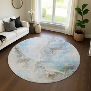 HomeRoots 8' Sky Blue Gray & Silver Abstract Round Rug - Washable, UV Protected, Non-Slip for Modern Homes 696998