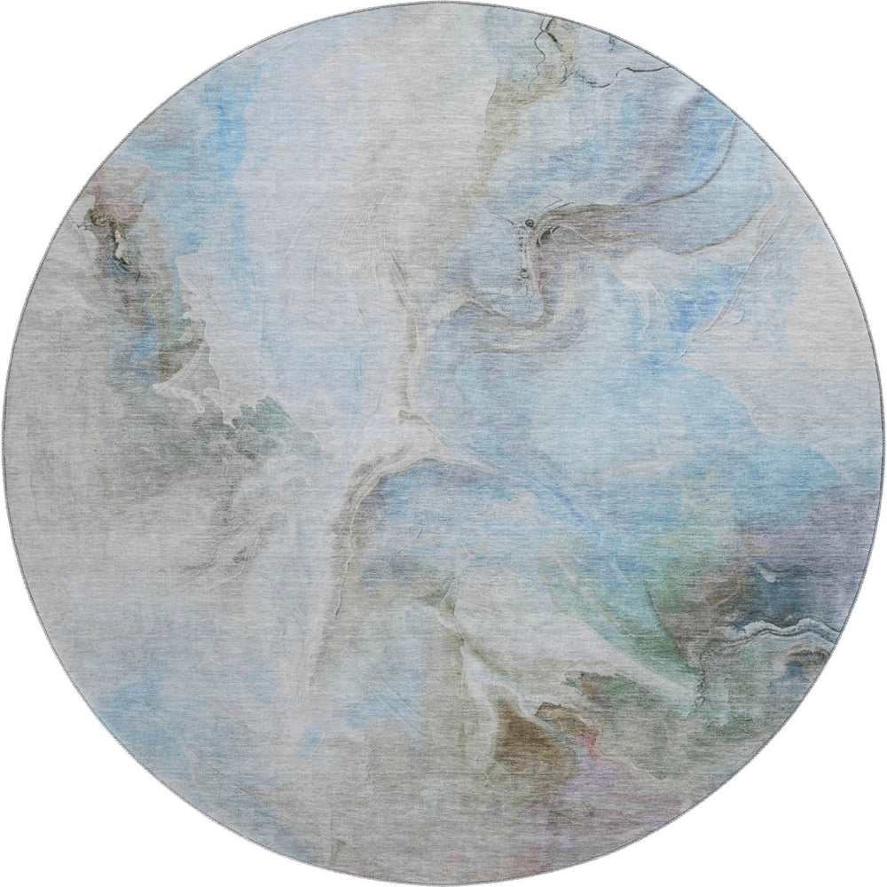 HomeRoots 8' Sky Blue Gray & Silver Abstract Round Rug - Washable, UV Protected, Non-Slip for Modern Homes 696998