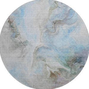HomeRoots 8' Sky Blue Gray & Silver Abstract Round Rug - Washable, UV Protected, Non-Slip for Modern Homes 696998