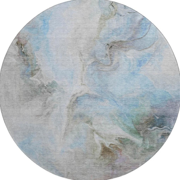HomeRoots 8' Sky Blue Gray & Silver Abstract Round Rug - Washable, UV Protected, Non-Slip for Modern Homes 696998