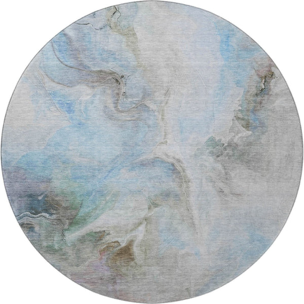 HomeRoots 8' Sky Blue Gray & Silver Abstract Round Rug - Washable, UV Protected, Non-Slip for Modern Homes 696998