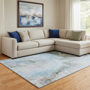 HomeRoots 8' X 10' Stylish Sky Blue Gray Silver Abstract Rug - Washable, UV Protected, Perfect for High-Traffic Areas 696999