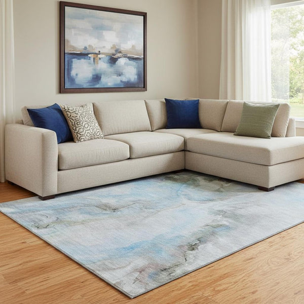 HomeRoots 8' X 10' Stylish Sky Blue Gray Silver Abstract Rug - Washable, UV Protected, Perfect for High-Traffic Areas 696999