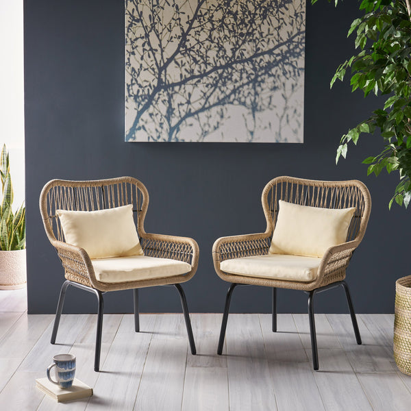 English Elm Christopher Knight Home® - SOUTHPORT Woven Rope Club Chair with Steel Frame, Water‑Resistant Cushions & Bohemian Outdoor Style Brown+Beige 62329.00CBRN