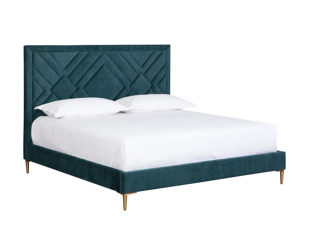 Sunpan Elizio Bed with Mid-Century Charm in Danny Teal Fabric and Gold Stainless Steel Legs for Luxe Style King