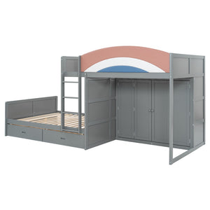English Elm Full Size Offset Bunk Bed with Wardrobe Hanging Rod Drawers and Upholstered Rail Gray N820S00081E