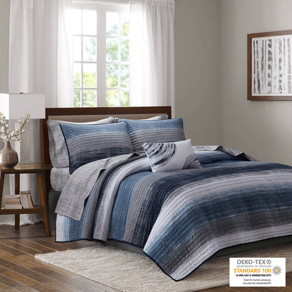English Elm 6-piece Twin Watercolor Stripe Cotton Quilt Set with Anti-microbial Bedding Bundle Navy Multi B035P408264