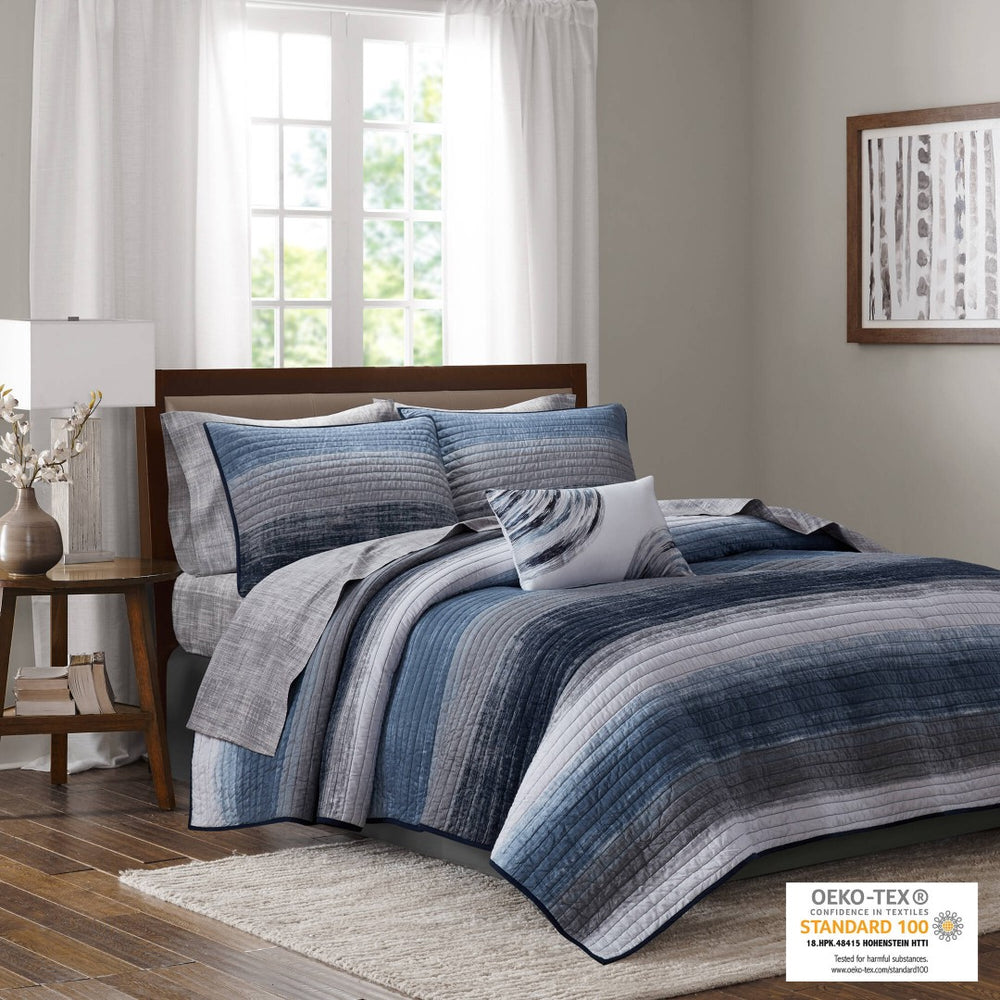 English Elm 8-piece King Quilt Set Cotton Watercolor Stripe Breathable Resort Bedroom Bedding Navy Multi B035P408268