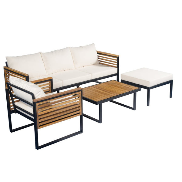 English Elm Outdoor Acacia Wood Iron Pipe Patio Set with Sofa Chair Ottoman and Table N757S454896B