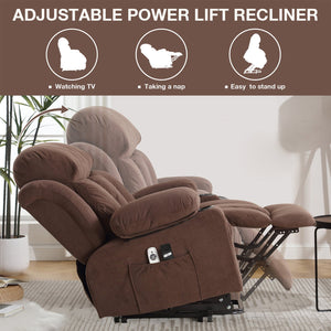 English Elm Power Lift Recliner Chair with Heat & 4-Point Massage, USB Port, Cup Holders, Remote for Living Room Brown W1521P303243