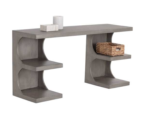 Sunpan Catrine Desk - Handcrafted Mid-Century Modern Design with Unique Curves and Artisan Shelving Elements Grey