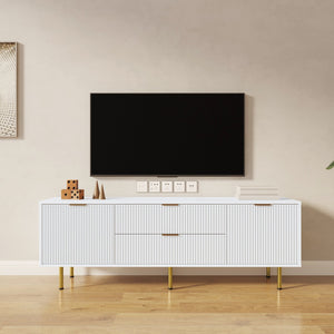 English Elm Modern warm white TV cabinet for 80" TVs with two drawers, durable particleboard, sleek storage design W331P240826
