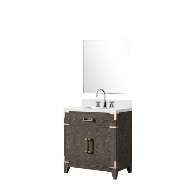 English Elm Brown Oak Single Bath Vanity Set With Cultured Marble Top, Chrome Faucet & 28" Mirror - Stylish Upgrade! B2731S02004