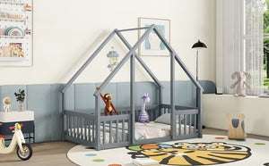 English Elm Twin Wood House-Shaped Floor Bed with Fence and Guardrails – Playful Pine Frame for Imaginative Kids Retreat Grey W504P143289