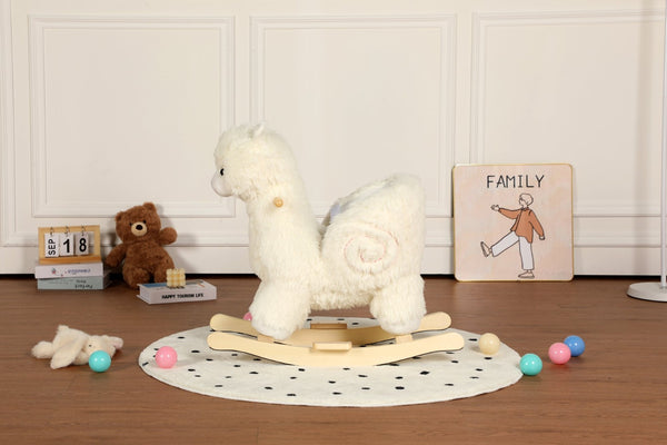 English Elm Kids Alpaca Plush Rocking Toy with Lullaby Sounds Jingle Bells and Safety Belt W3723P374144