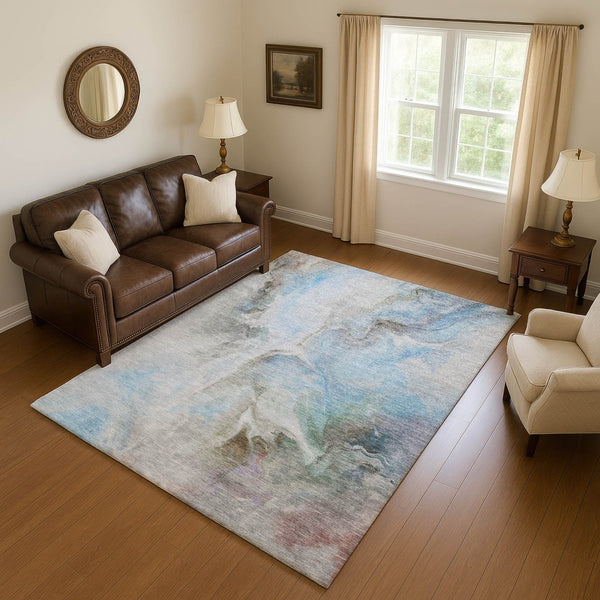 HomeRoots 9' X 12' Sky Blue Gray Silver Abstract Area Rug - Durable, Stain-Resistant Design with UV Protection 697000