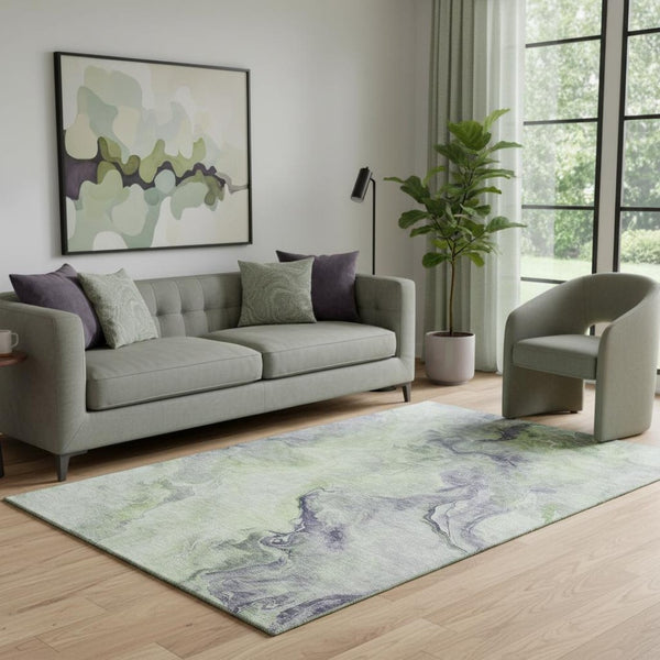 HomeRoots 5' X 8' Abstract Area Rug in Artichoke Green, Silver & Lavender - Washable, UV Protected & Stylish! 697003