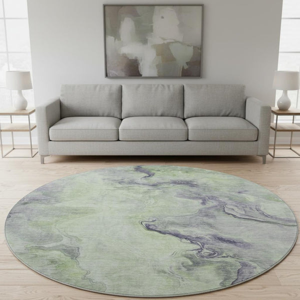 HomeRoots 8' Oversized Artichoke Green Abstract Washable Round Rug with UV Protection for Stylish Spaces 697004