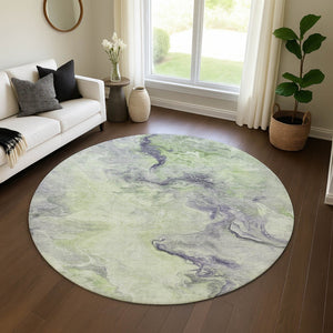 HomeRoots 8' Oversized Artichoke Green Abstract Washable Round Rug with UV Protection for Stylish Spaces 697004