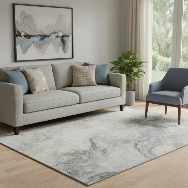 HomeRoots 5' X 8' Washable Abstract Area Rug in Beige, Gray & Ivory - UV Protected, Stain Resistant, Durable Design 697009