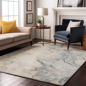 HomeRoots 5' X 8' Washable Abstract Area Rug in Beige, Gray & Ivory - UV Protected, Stain Resistant, Durable Design 697009
