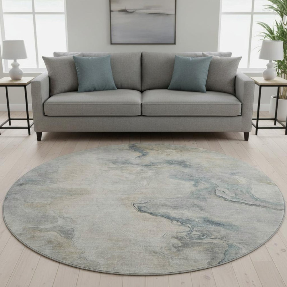 HomeRoots 8' Stylish Beige Gray Ivory Abstract Round Rug - Washable, UV-Protected, Stain-Resistant Design 697010