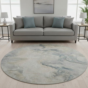 HomeRoots 8' Stylish Beige Gray Ivory Abstract Round Rug - Washable, UV-Protected, Stain-Resistant Design 697010