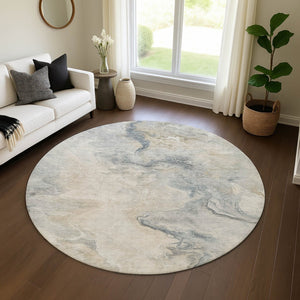 HomeRoots 8' Stylish Beige Gray Ivory Abstract Round Rug - Washable, UV-Protected, Stain-Resistant Design 697010