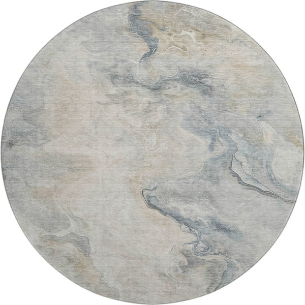 HomeRoots 8' Stylish Beige Gray Ivory Abstract Round Rug - Washable, UV-Protected, Stain-Resistant Design 697010
