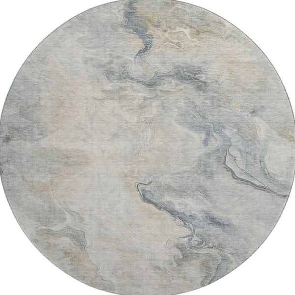 HomeRoots 8' Stylish Beige Gray Ivory Abstract Round Rug - Washable, UV-Protected, Stain-Resistant Design 697010